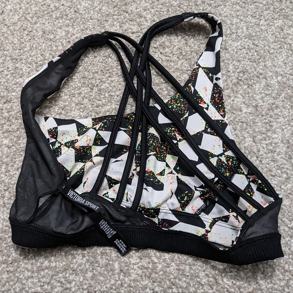(2/$25) VictoriaSport strappy cross back yoga bra black white geo shape - Picture 8 of 12